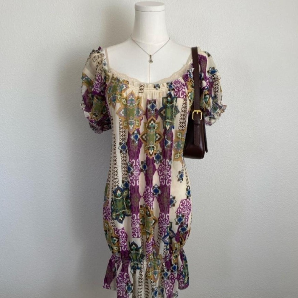 Vintage Y2K Self Esteem Paisley Puff Sheer Mini Dress Smocked Bogo Whimsy Fairy